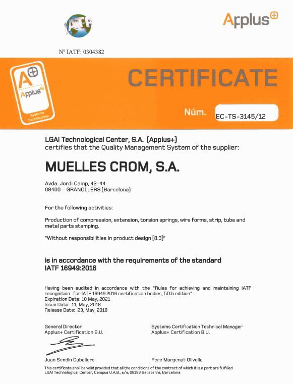 CERTIFICATE ISO TS 16949 MUELLES CROM